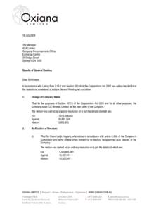 18 July 2008 The Manager ASX Limited Company Announcements Office Exchange Centre 20 Bridge Street