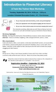 Introduction to Financial Literacy A Train the Trainer Style Workshop Tuesday, September 30, [removed]:30 a.m. - 3:30 p.m. Location: Eriksdale Recreation Centre - # 2 – First Avenue  