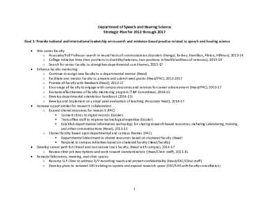 Department of Speech and Hearing Science Strategic Plan for 2013 through 2017 Goal 1: Provide national and international leadership on research and evidence-based practice related to speech and hearing science •  •