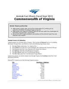 Amtrak Fact Sheet, Fiscal Year[removed]Commonwealth of Virginia