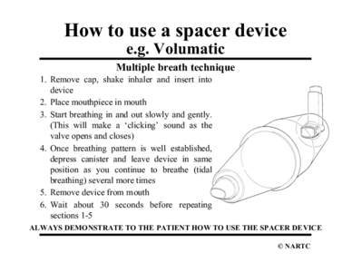 How to use a spacer device e.g. Volumatic Multiple breath technique 1. Remove cap, shake inhaler and insert into device