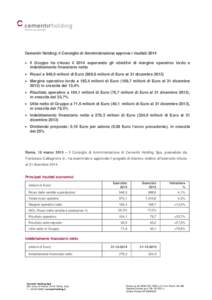 Cementir Holding: il Consiglio di Amministrazione approva i risultati 2014  Il Gruppo ha chiuso il 2014 superando gli obiettivi di margine operativo lordo e indebitamento finanziario netto  Ricavi a 948,0 milioni d