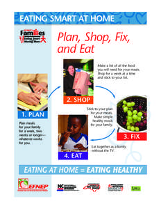 EATING SMART AT HOME  Plan, Shop, Fix, and Eat Make a list of all the food you will need for your meals.