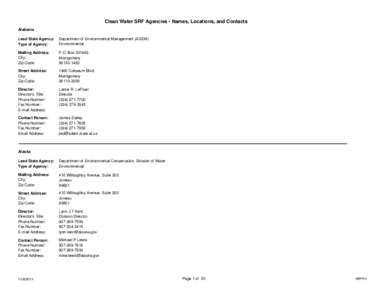 Clean Water SRF Agencies - Names, Locations, and Contacts Alabama Lead State Agency: Type of Agency:  Department of Environmental Management (ADEM)