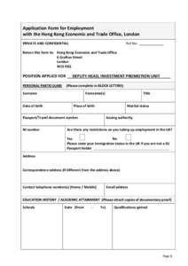 Application Form for Employment with the Hong Kong Economic and Trade Office, London PRIVATE AND CONFIDENTIAL Ref No: _____________