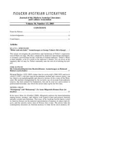 M ODE R N AUSTR IAN L ITE R ATUR E Journal of the Modern Austrian Literature and Culture Association Volume 36, Number 1/2, 2003 CONTENTS From the Editors .................................................................