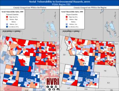 Social Vulnerability to Environmental Hazards, 2000 FEMA Region VIII County Comparison Within the Nation Social Vulnerability Index, 2000