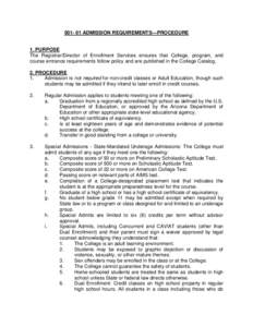 [removed]ADMISSION REQUIREMENTS—PROCEDURE  1. PURPOSE The Registrar/Director of Enrollment Services ensures that College, program, and course entrance requirements follow policy and are published in the College Catalog.