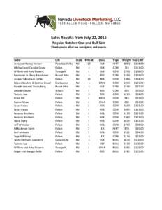 .  Sales Results from July 22, 2015 Regular Butcher Cow and Bull Sale Thank you to all of our consigners and buyers.