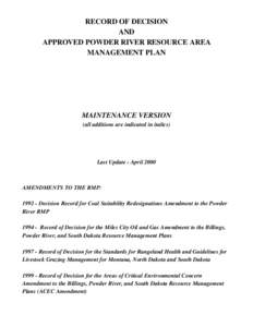 RECORD OF DECISION AND APPROVED POWDER RIVER RESOURCE AREA MANAGEMENT PLAN  MAINTENANCE VERSION