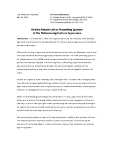 FOR IMMEDIATE RELEASE May 22, 2014 For more information: Dr. Charles Hibberd (UNL Extension[removed]Dr. Stephen Bateman (Reinke[removed]