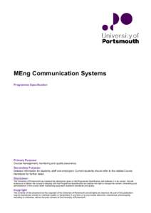 MEng Communication Systems Programme Specification Primary Purpose: Course management, monitoring and quality assurance.