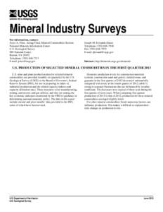 U.S. Production of Selected Mineral Commodities in the First Quarter 2013