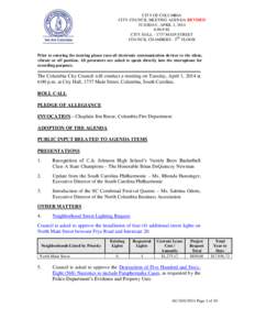 CITY OF COLUMBIA CITY COUNCIL MEETING AGENDA REVISED TUESDAY, APRIL 1, 2014 6:00 P.M. CITY HALL[removed]MAIN STREET COUNCIL CHAMBERS - 3RD FLOOR