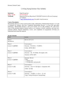 Korean Cultural Center  LA King Sejong Institute Class Syllabus Instructor Class Level Textbook