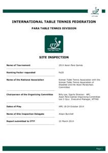 INTERNATIONAL TABLE TENNIS FEDERATION PARA TABLE TENNIS DIVISION SITE INSPECTION Name of Tournament ______________________________________