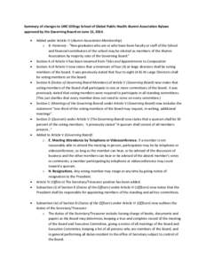 Summary of changes to UNC Gillings School of Global Public Health Alumni Association Bylaws approved by the Governing Board on June 13, 2014.   