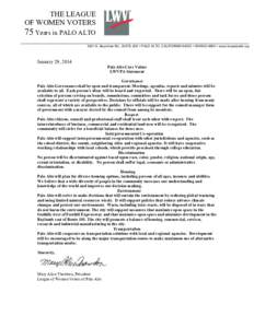 THE LEAGUE OF WOMEN VOTERS 75 Years in PALO ALTO ______________________________________________________________________________________________________________ 3921 E. Bayshore Rd., SUITE 209 • PALO ALTO, CALIFORNIA 94