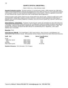 132  QUARTZ CRYSTAL (INDUSTRIAL) (Data in metric tons, unless otherwise noted) Domestic Production and Use: Domestic production of cultured quartz crystal in 1999 remained near 1998 levels. Lascas1 mining and processing 