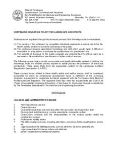 State of Tennessee  Department of Commerce and Insurance  Bo1/12/2009ard of Architectural and Engineering Examiners  500 James Robertson Parkway  Nashville, TN  37243­1142  800­256­5758 