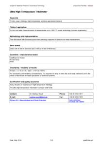 Chapter 6: Materials Protection and Surface Technology  Unique Test Facilities Ultra High Temperature Tribometer Keywords