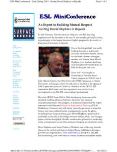 ESL MiniConference / Early Spring[removed]Seeing David Hopkins in Riyadh  Page 1 of 3 An Expert in Building Mutual Respect Visiting David Hopkins in Riyadh