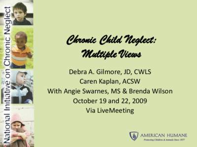 Chronic Child Neglect: Multiple Views Debra A. Gilmore, JD, CWLS Caren Kaplan, ACSW With Angie Swarnes, MS & Brenda Wilson October 19 and 22, 2009
