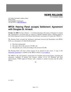 News Release - MFDA Hearing Panel accepts Settlement Agreement with Douglas St. Arnault