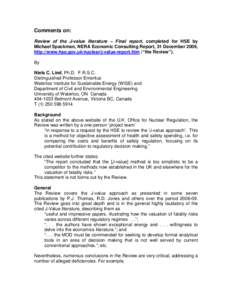 Comments on: Review of the J-value literature – Final report, completed for HSE by Michael Spackman, NERA Economic Consulting Report, 31 December 2009, http://www.hse.gov.uk/nuclear/j-value-report.htm (“the Review”