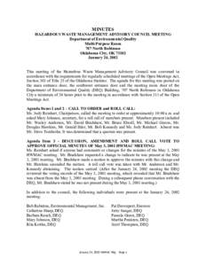 MINUTES HAZARDOUS WASTE MANAGEMENT ADVISORY COUNCIL MEETING Department of Environmental Quality Multi-Purpose Room 707 North Robinson Oklahoma City, OK 73102