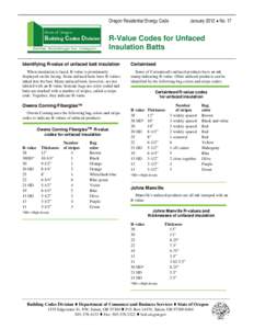 January 2012  No. 17  Oregon Residential Energy Code R-Value Codes for Unfaced Insulation Batts