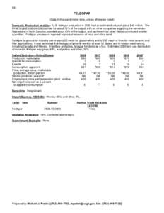 58  FELDSPAR (Data in thousand metric tons, unless otherwise noted) Domestic Production and Use: U.S. feldspar production in 2000 had an estimated value of about $42 million. The three largest producers accounted for abo