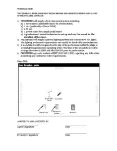 TECHNICAL	
  RIDER	
  	
   THIS	
  TECHNICAL	
  RIDER	
  REGARDING	
  THE	
  JON	
  BROOKS	
  ENGAGEMENT	
  IS	
  HEREIN	
  MADE	
  A	
  PART	
   OF	
  THE	
  ATTACHED	
  CONTRACT.	
     PRESENTER	
 