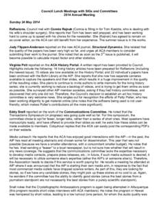 Council Lunch Meetings with SIGs and Committees 2014 Annual Meeting Sunday 24 May 2014 Reflexions. Council met with Connie Rajnak (Connie is filling in for Tom Koetzle, who is dealing with his wife’s shoulder surgery).