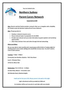 You are invited to the  Northern Sydney Parent Carers Network Supported by CCNB