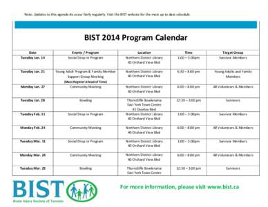 Note: Updates to this agenda do occur fairly regularly. Visit the BIST website for the most up to date schedule.  BIST 2014 Program Calendar Date Tuesday Jan. 14