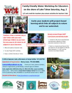 Family-friendly Water Workshop for Educators on the shore of Lake Tahoe Saturday, Aug[removed]unit credit for teachers plus nature activities for teachers’ kids Excite your students with project-based learning which lin