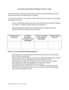 Tool: Observing the Mental Challenge of Tasks in Action Sometimes teachers include tasks in plans that they think are mentally challenging, but as the tasks are implemented, some changes may be required. Use this tool to