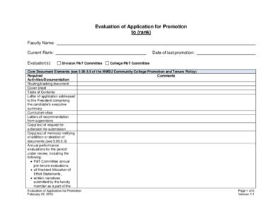 Evaluation of Application for Promotion to (rank) Faculty Name: Current Rank: Evaluator(s):