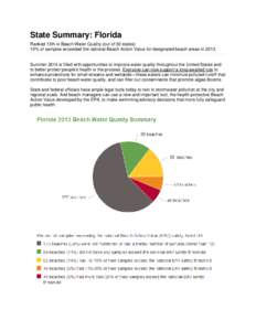 State Summary: Florida Ranked 13th in Beach Water Quality (out of 30 states) 10% of samples exceeded the national Beach Action Value for designated beach areas in[removed]Summer 2014 is filled with opportunities to improve