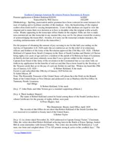 Southern Campaign American Revolution Pension Statements & Rosters Pension application of Robert Kirkland R20391 fn20SC Transcribed by Will Graves[removed]Methodology: Spelling, punctuation and/or grammar have been cor