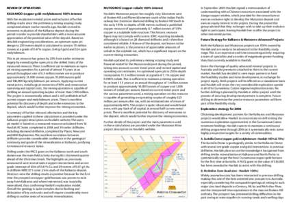 REVIEW OF OPERATIONS  MUTOOROO (copper-cobalt) 100% interest KALKAROO (copper-gold-molybdenum) 100% interest