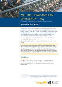 MOTOR, PUMP AND FAN EFFICIENCY – M4 Eco-efficiency opportunities for Queensland manufacturers More drive, less work Motors, pumps and fans are intrinsic to all manufacturing operations. They are a