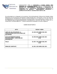 CONVOCATORIA PARA LA INVITACION A CUANDO MENOS TRES PERSONAS No. IA-009A00001-N9-2014 PARA LA CONTRATACION DEL SERVICIO DE MANTENIMIENTO PREVENTIVO Y CORRECTIVO DE HARDWARE, PC’S Y PERIFÉRICOS, MANTENIMIENTO PREVENTIV