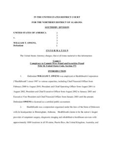 IN THE UNITED STATES DISTRICT COURT FOR THE NORTHERN DISTRICT OF ALABAMA SOUTHERN DIVISION UNITED STATES OF AMERICA	 v. WILLIAM T. OWENS,