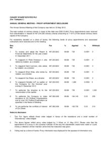 CANARY WHARF ESTATES PLC (the “Company”) ANNUAL GENERAL MEETING – PROXY APPOINTMENT DISCLOSURE The Annual General Meeting of the Company was held on 23 MayThe total number of ordinary shares in issue at this