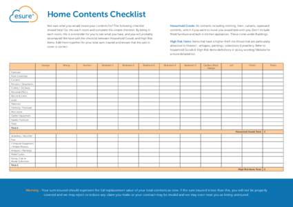 Home Contents Checklist Not sure what you would insure your contents for? The following checklist should help! Go into each room and complete this simple checklist. By being in each room, this is a reminder for you to se