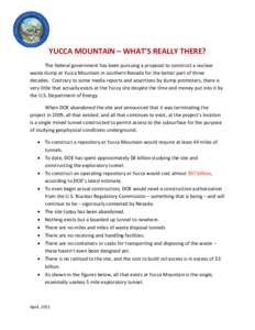   YUCCA MOUNTAIN – WHAT’S REALLY THERE?  The federal government has been pursuing a proposal to construct a nuclear  waste dump at Yucca Mountain in southern Nevada for the better part 