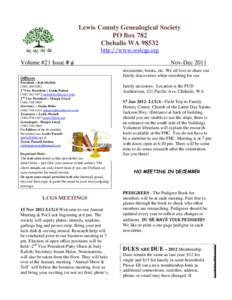 Lewis County Genealogical Society PO Box 782 Chehalis WAhttp://www.walcgs.org  Volume #21 Issue # 6