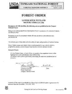 TONGASS NATIONAL FOREST Order No[removed]YAKUTAT RANGER DISTRICT  YAKl1rAT, ALASKA